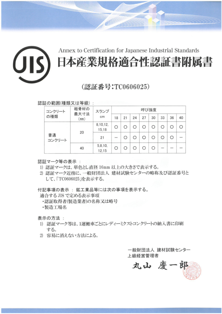 日本産業規格適合性認証書附属書